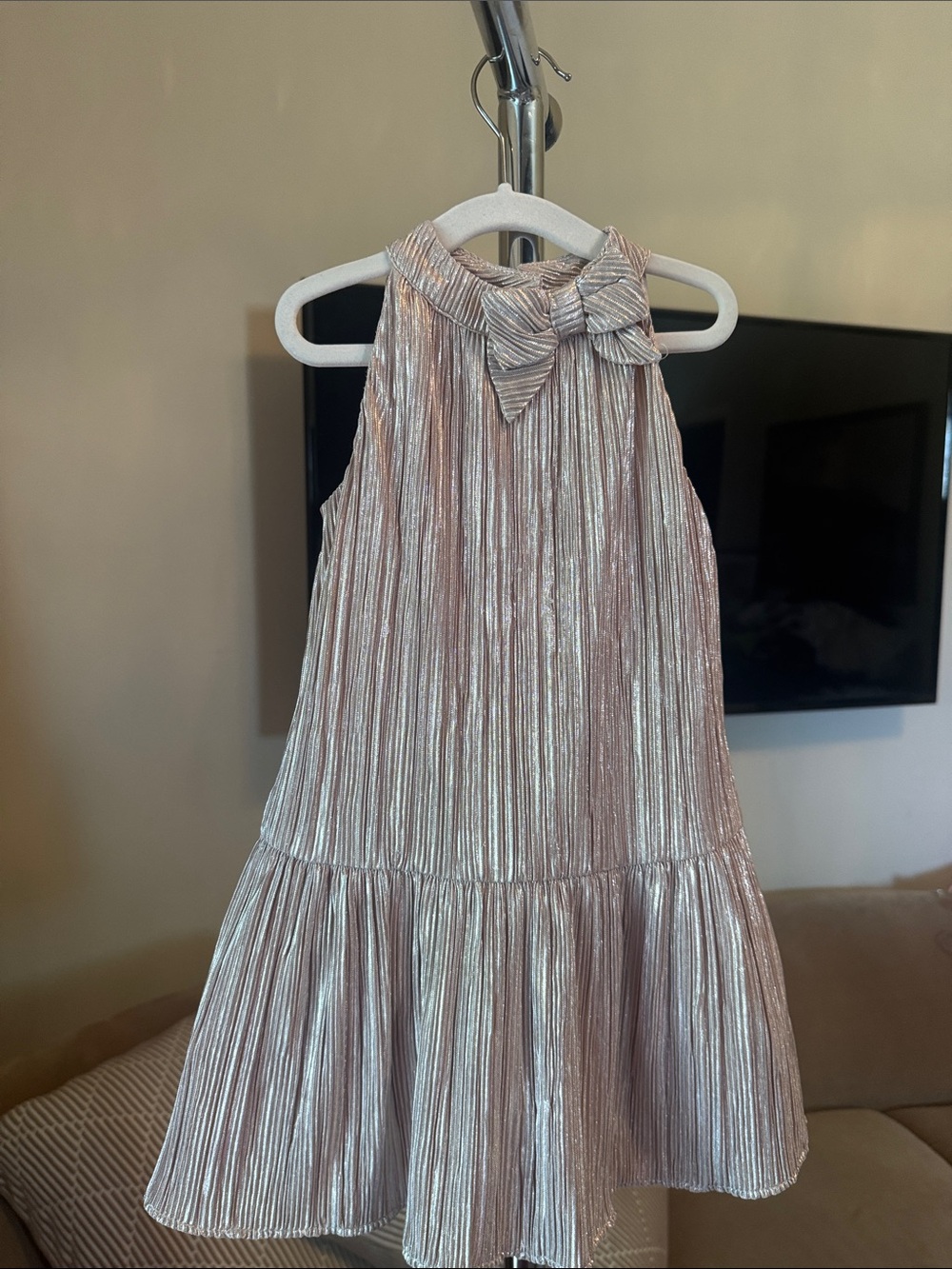 Janie and Jack Metallic Blush Pleated Halter Dress with Bow